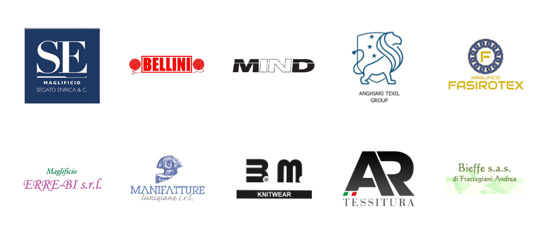 Loghi delle aziende che collaborano con Maglia Project: Anghiari Texil Group, AR Tessitura, Bellini, Bieffe, BM Knitwear, Maglificio Erre-Bi, Maglificio Fasirotex, Manifatture Lunigiane, Mind, Maglificio Segato Enrica